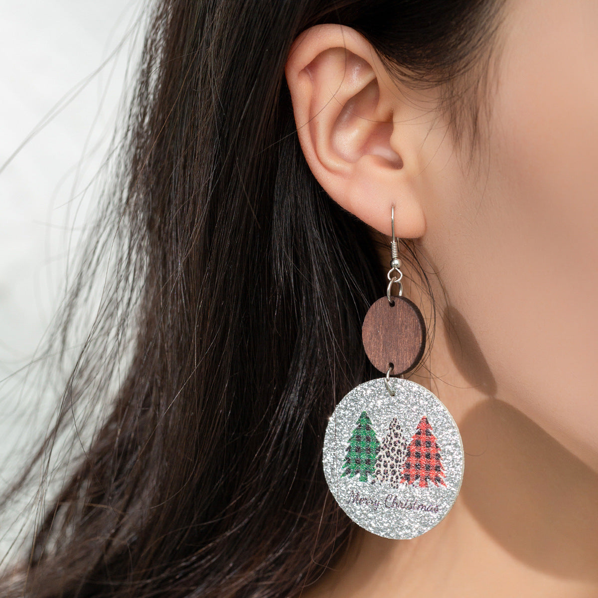 Wholesale Christmas Glitter Round Leather Earrings